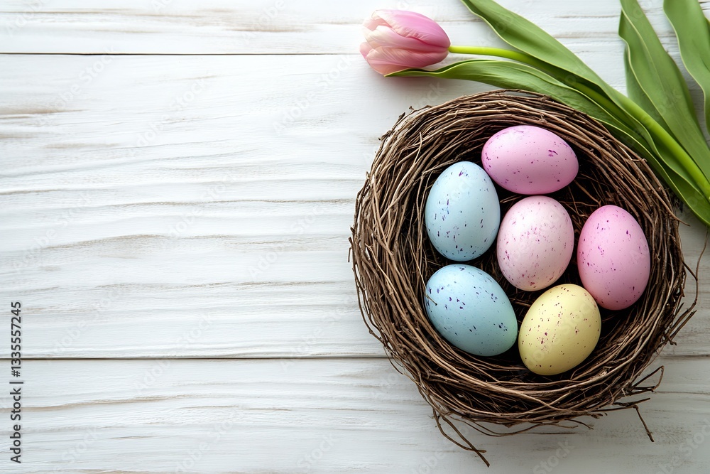 Poster Charming display of pastel eggs arranged in a nest with fresh tulip petals on a wooden surface : Generative AI