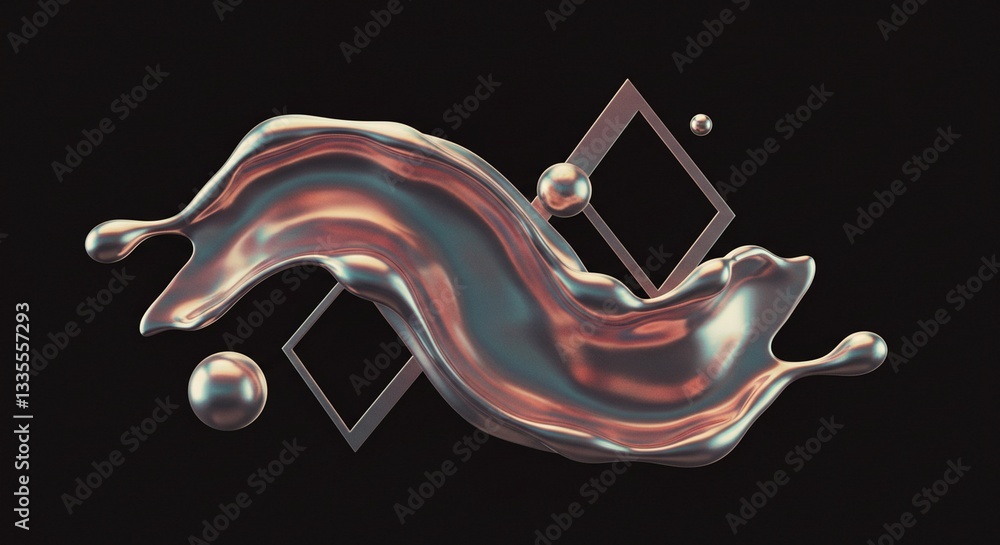 Poster abstract metallic liquid splash with geometric shapes 3d render modern design