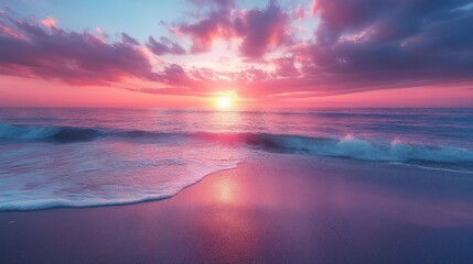 Dramatic sunset over ocean waves crashing on beach (2)