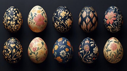Stylish Display of Handcrafted Floral Painted Eggs on Elegant Dark Surface : Generative AI