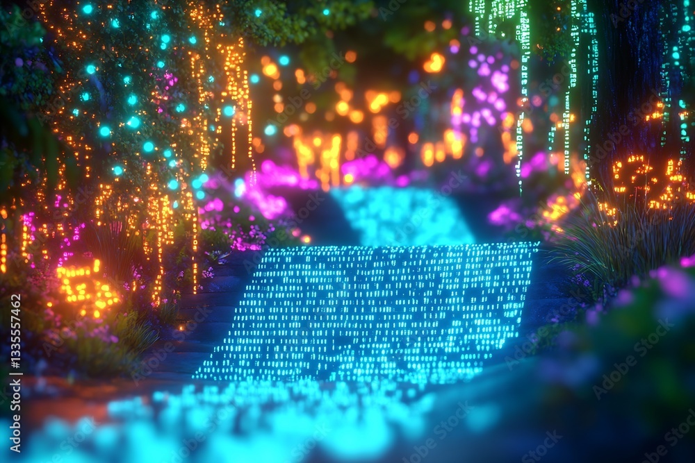 Poster enchanting glowing path with vibrant lights leading through a vibrant garden : generative ai