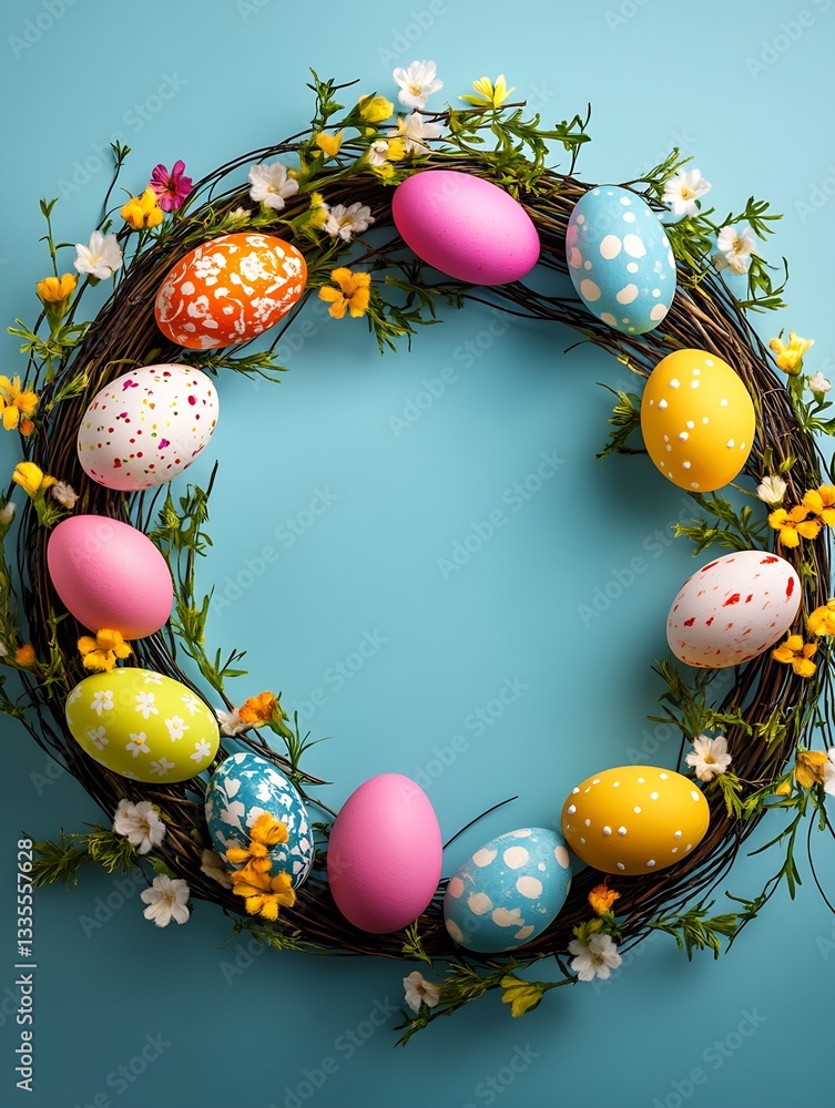 Aufkleber charming easter egg wreath featuring colorful eggs and fresh blooms set against a soft blue backdrop
