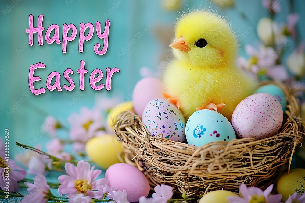 Poster charming fluffy chick perched in a nest surrounded by colorful easter eggs celebrating spring : gene