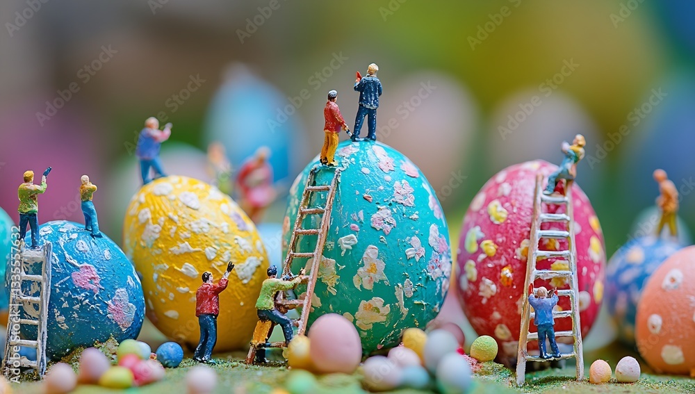 Poster charming miniature artists decorating easter eggs with bright colors and patterns : generative ai