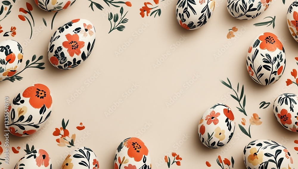 Poster artistic arrangement of easter eggs surrounded by delicate floral elements on a light canvas : gener