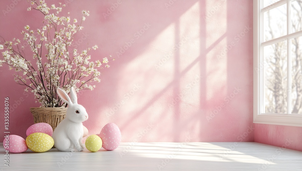 Poster elegant spring setup featuring white bunny and colorful easter eggs in pink room : generative ai