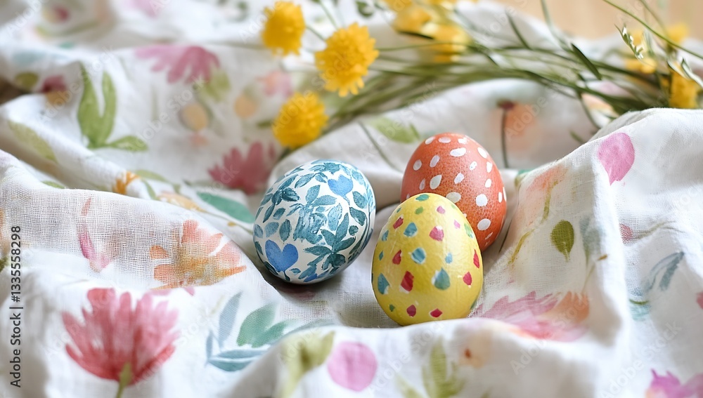Poster vividly colored easter eggs placed among flowers on soft fabric emphasizing spring joy : generative 