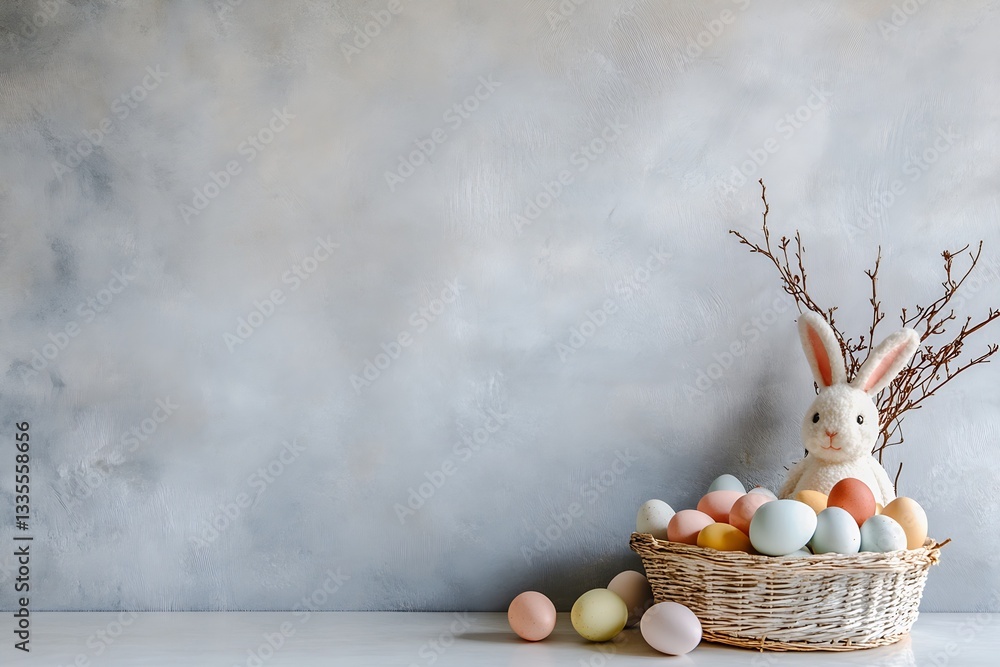 Aufkleber charming easter bunny placed in a rustic basket with pastel colored eggs on a textured background : 