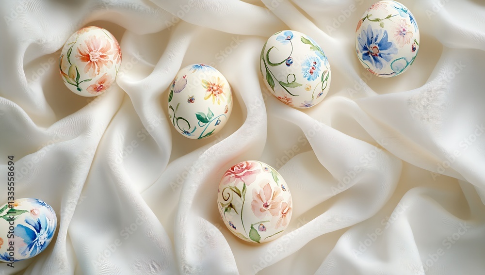 Aufkleber delicate floral painted eggs displayed on a soft white fabric background with elegant curves : gener