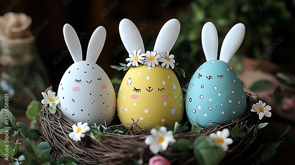 Aufkleber charming easter eggs with bunny ears displayed in a nest surrounded by beautiful white flowers : gen