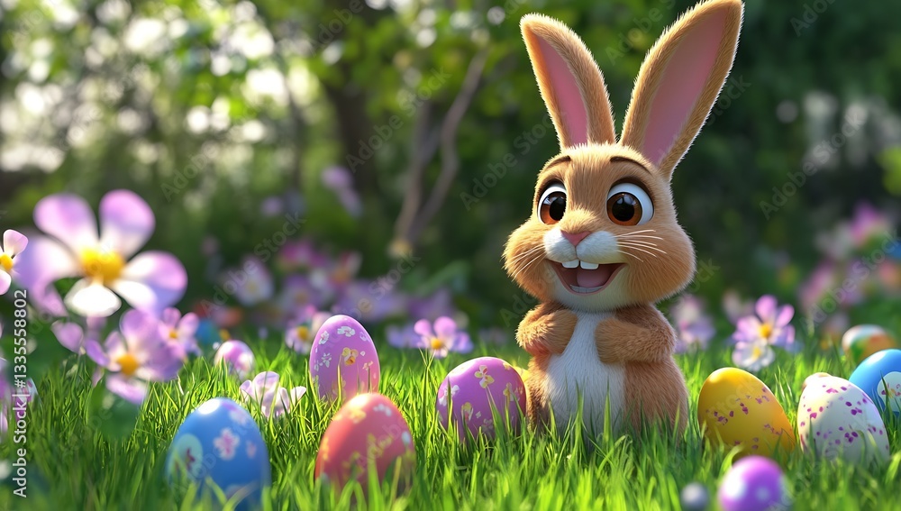 Poster playful bunny smiling joyfully surrounded by colorful easter eggs in a sunny garden : generative ai