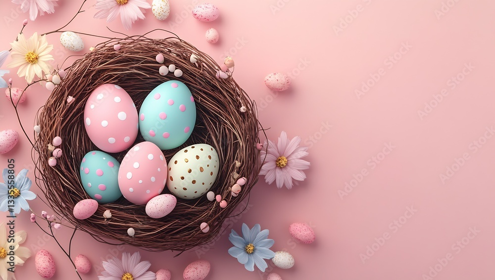 Aufkleber delightful pastel easter eggs with polka dots and floral decorations in a rustic nest on a soft pink