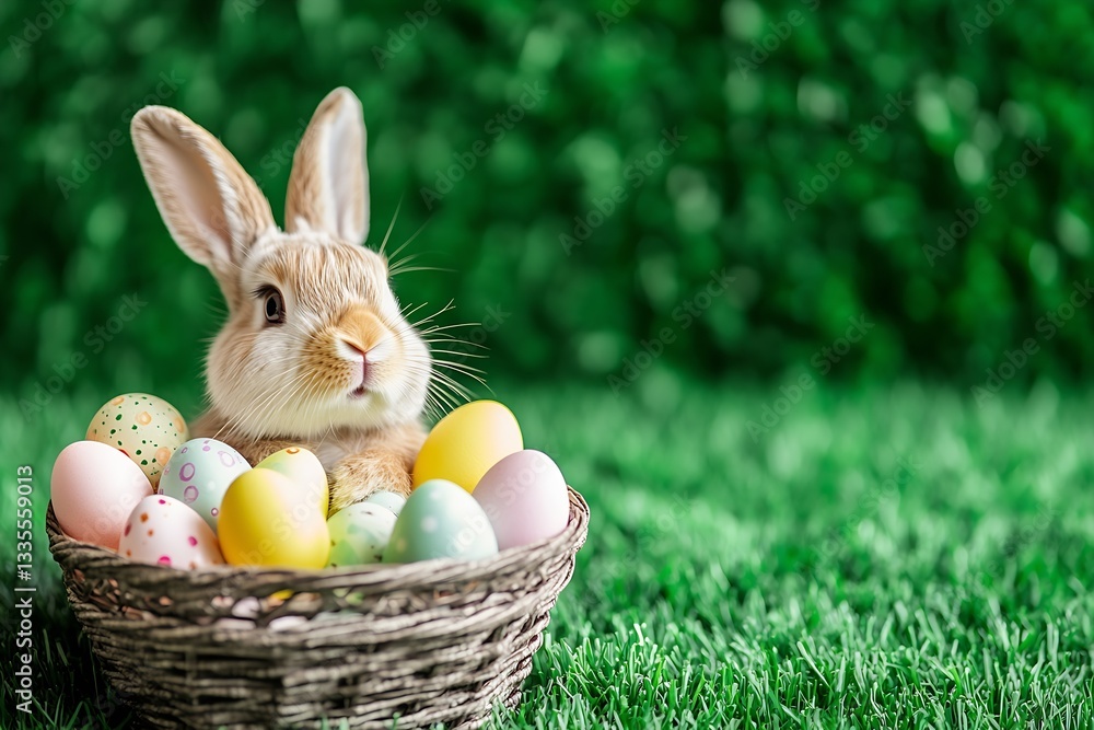 Poster charming bunny popping out of a basket filled with colorful easter eggs surrounded by green grass : 