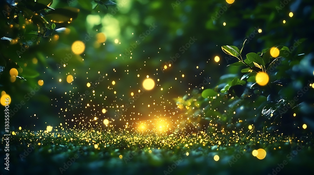Poster Enchanting scene with glowing orbs in lush greenery creating a magical and serene atmosphere : Generative AI