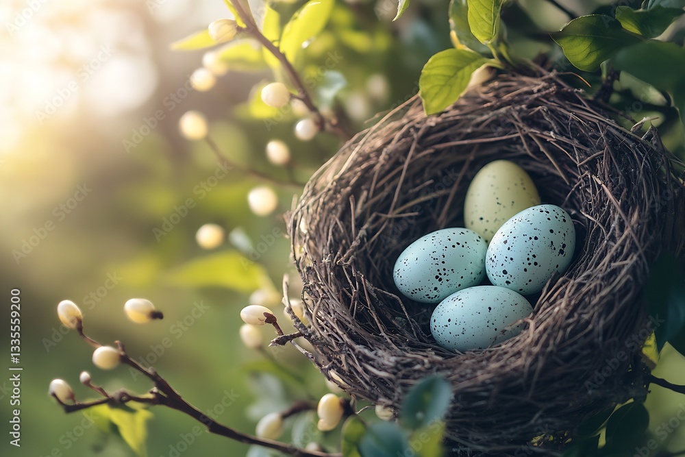 Aufkleber serene bird nest featuring soft blue easter eggs and gentle greenery illuminated by warm sunlight : 