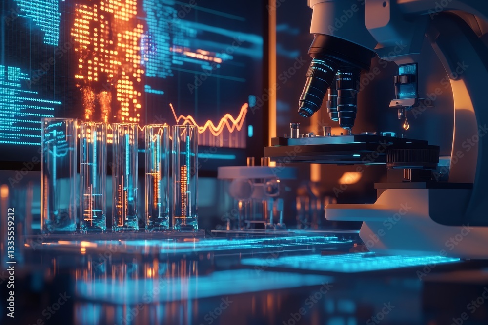 Poster photorealistic 3d rendering of test tubes with holographic data display on a laboratory table