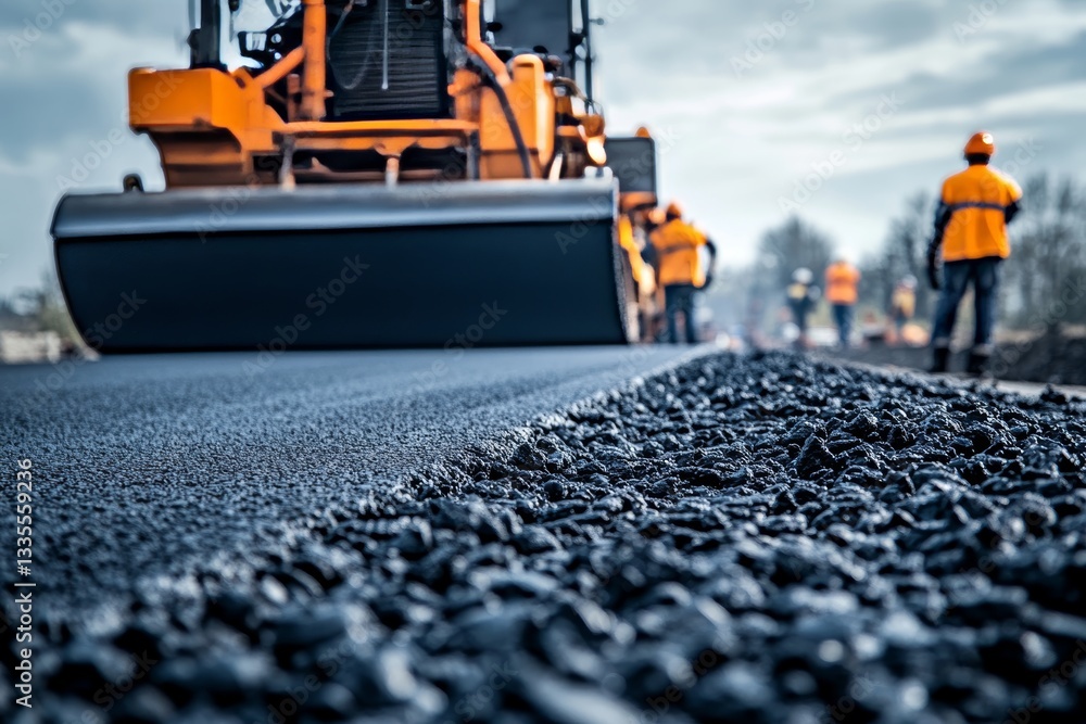 Poster dynamic close up of road construction workers engaged in asphalt project with shallow depth of field