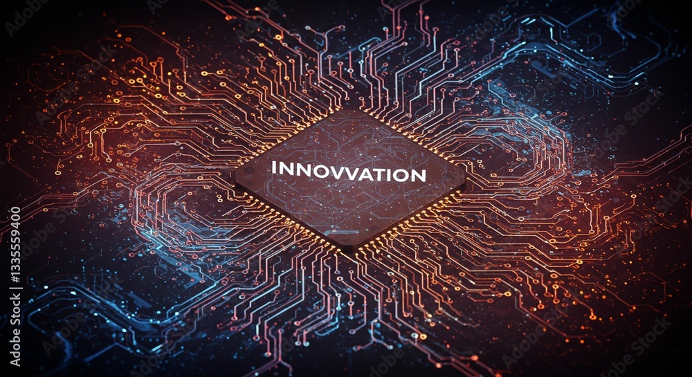 Aufkleber abstract technology innovation glowing circuit board with microchip featuring the word innovation