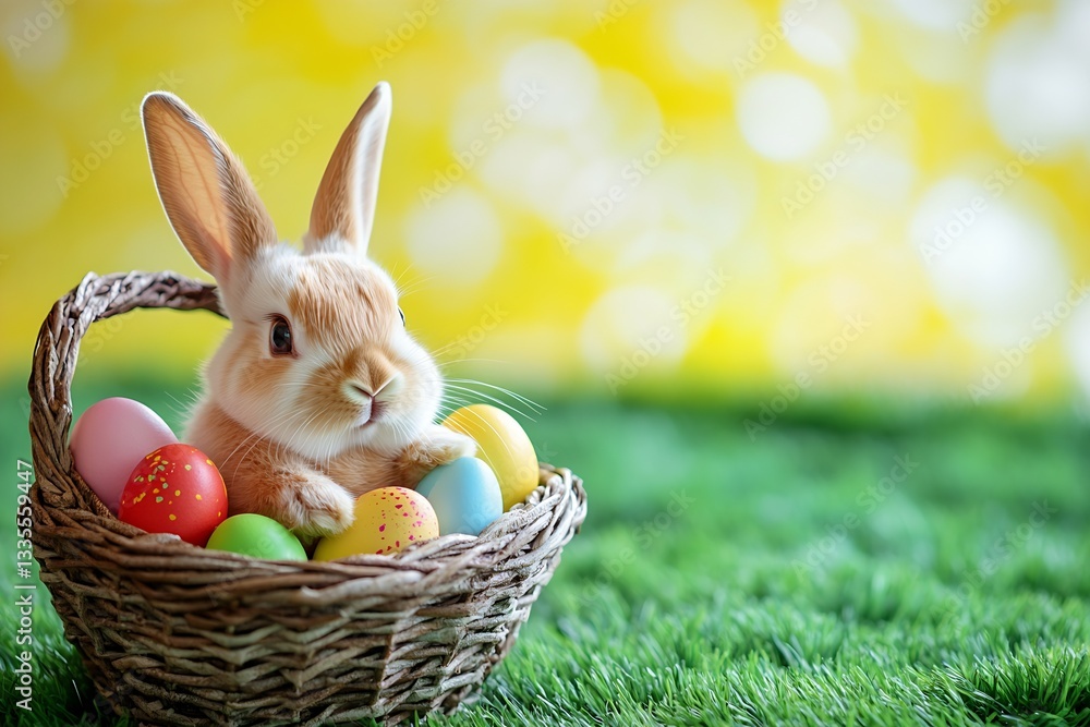 Poster Playful bunny in a basket of colorful Easter eggs with a vibrant background and soft glow : Generative AI