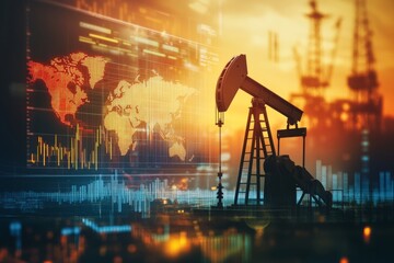 Double exposure of oil pump and financial chart with digital map for energy sector innovation