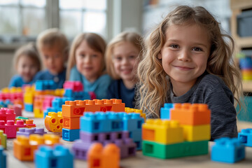 A girl is sitting in front of a pile of colorful blocks