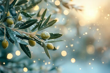 Elegant abstract background featuring olive tree branches and snow for a festive christmas theme