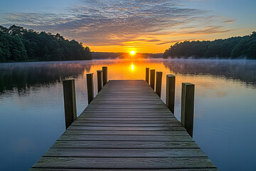 Fototapeta premium Wooden Pier on Misty Lake at Sunrise, Serene Morning Reflection
