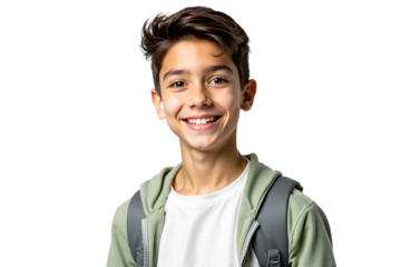 Smiling boy with backpack isolated on white background. Cheerful student portrait for education, back to school, or youth themes.