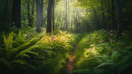 Sunlit Forest Path: A Serene Escape into Nature's Embrace