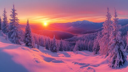 Winter sunset in snowy mountain peaks