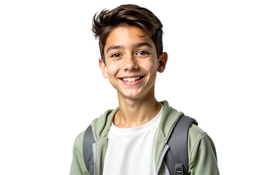 Smiling boy with backpack isolated on white background. Cheerful student portrait for education, back to school, or youth themes.