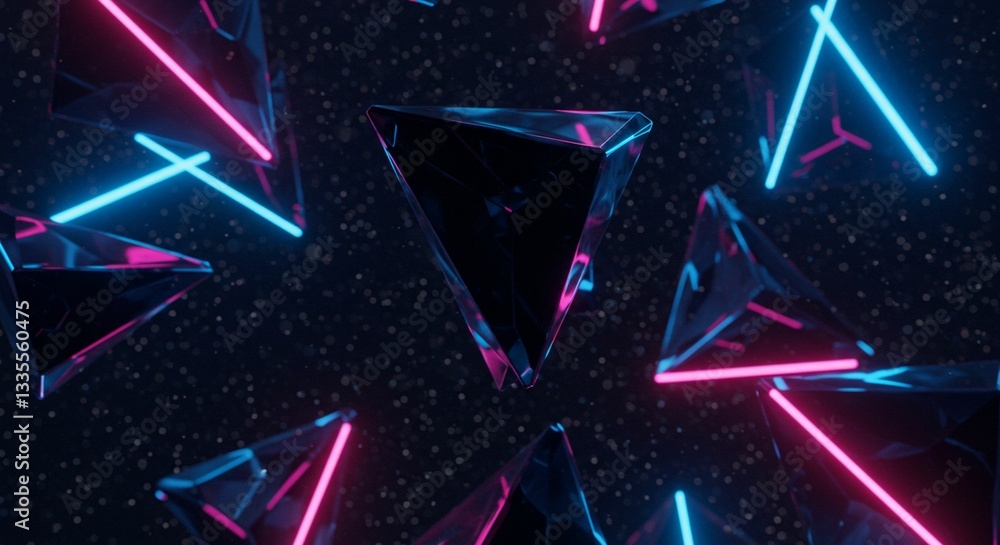 Aufkleber abstract 3d render neon glow triangles in dark space futuristic background