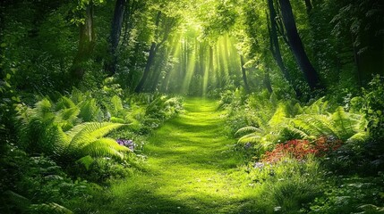 Obraz premium Enchanted Forest Path: A Sunlit Walk Through Lush Greenery