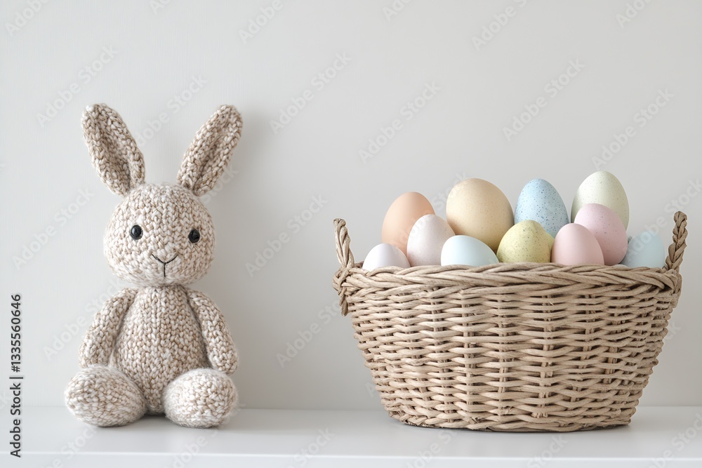 Aufkleber handcrafted bunny beside a basket filled with assorted pastel easter eggs on a simple shelf : genera