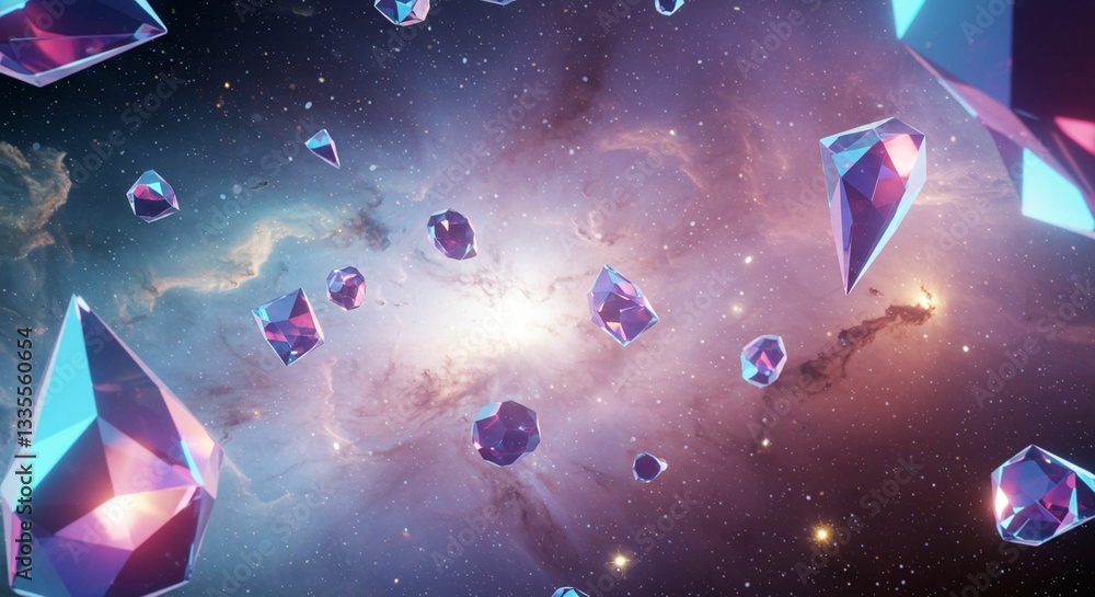Poster sparkling crystals floating in a cosmic nebula abstract 3d render of gemstones in space