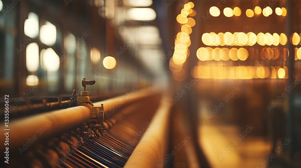 Poster a detailed inside panorama of a textile mill with rows of working machines creating fabrics