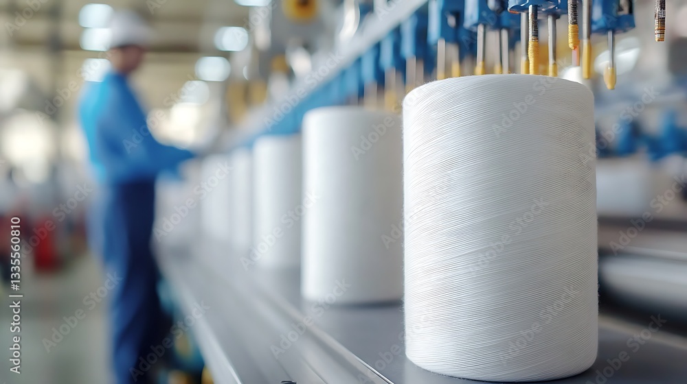 Poster a detailed inside panorama of a textile mill with rows of working machines creating fabrics