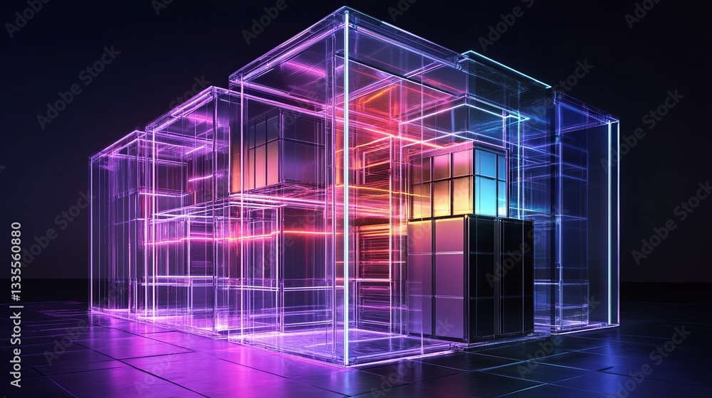 Poster abstract neon glass structure modern architecture design digital art futuristic building illuminated