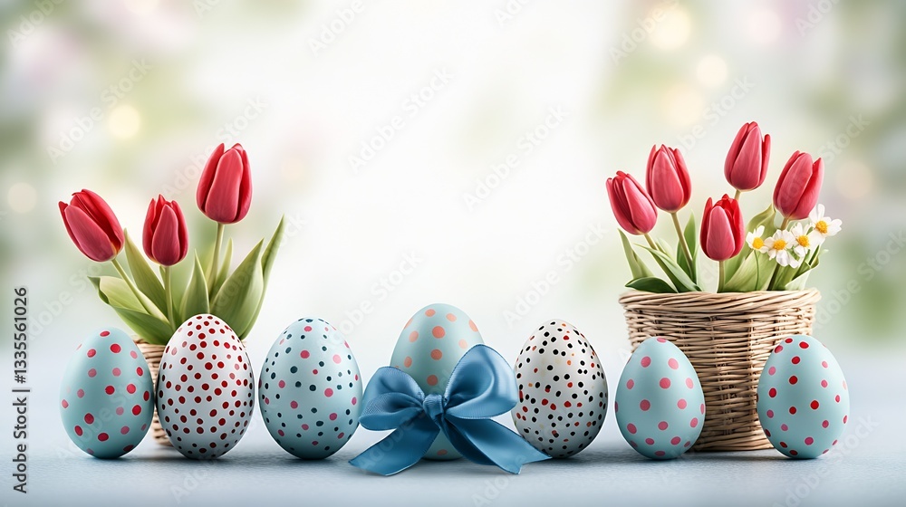 Aufkleber Charming Easter setup with decorated eggs and vibrant tulips in a basket on a soft background : Generative AI