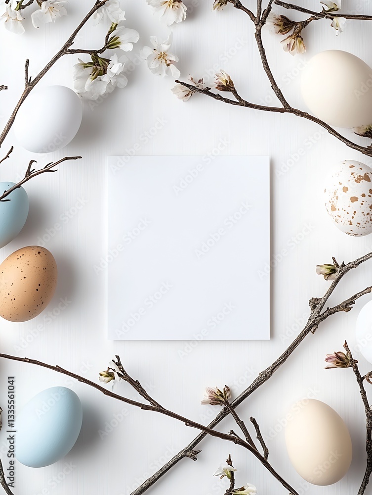 Poster elegant composition of easter eggs with blossoms and a blank space for creative design : generative 