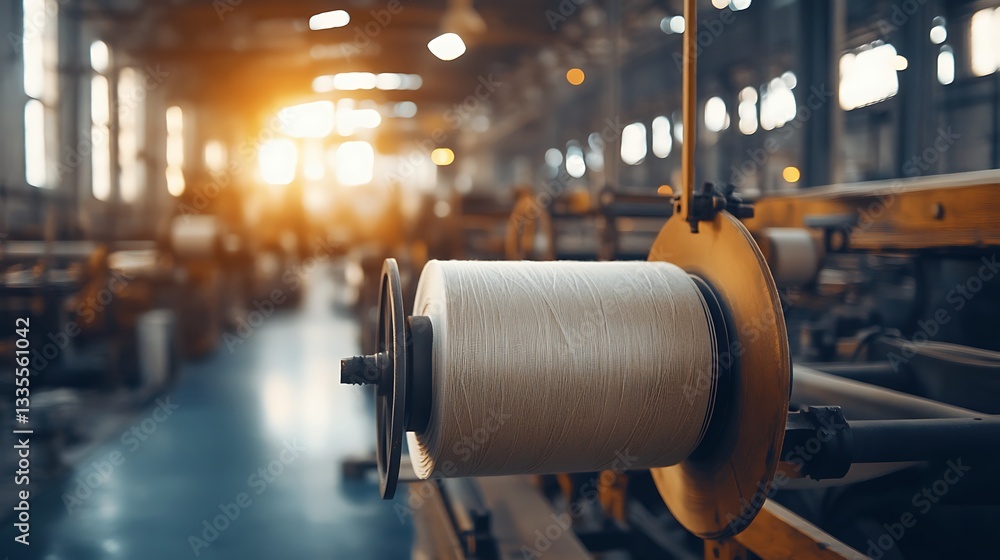 Poster A Seamless Inside Panoramic Shot of a Fully Functional Textile Mill with Automated Machines