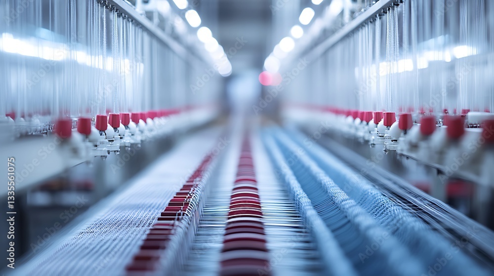 Poster a seamless inside panoramic shot of a fully functional textile mill with automated machines