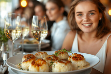 A woman is smiling and sitting at a table with a plate of food in front of her