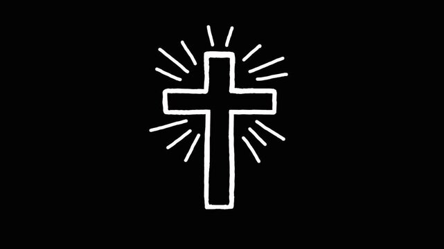 White Christian cross sign sun starburst circle doodle hand draw stop motion animation on black background
