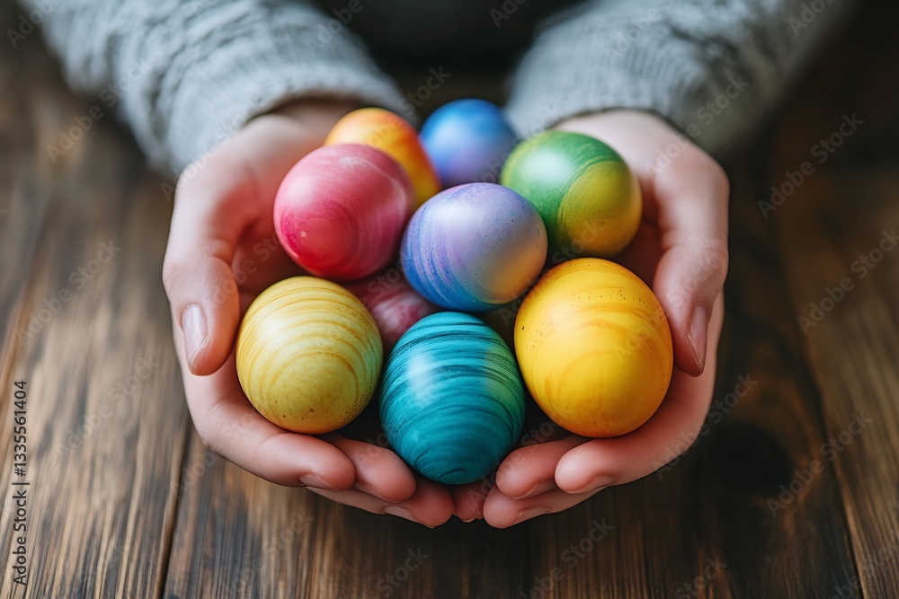 Aufkleber colorful easter eggs in hands celebrating spring with vibrant hues and decorative patterns : generat