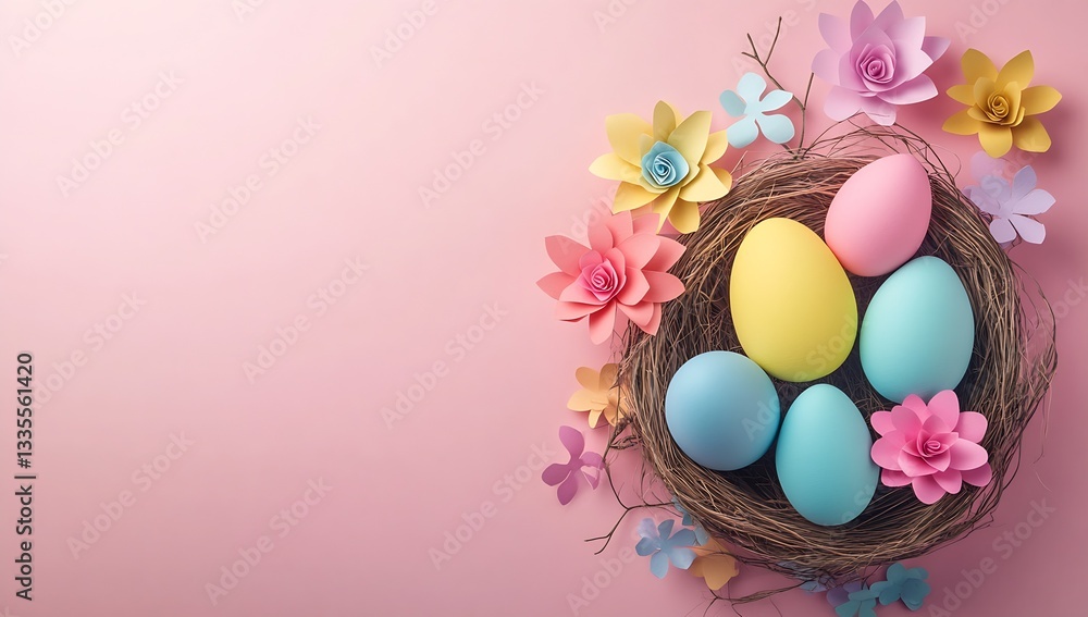 Poster assorted pastel eggs arranged in a decorative nest with vibrant paper flowers on a soft background i
