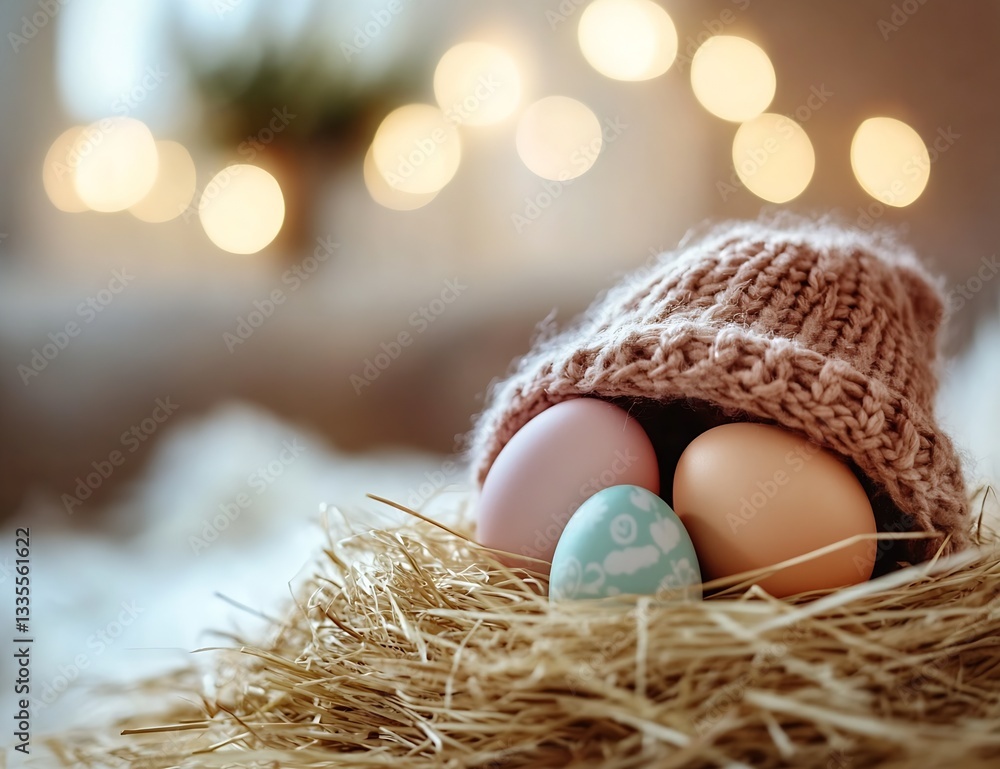 Aufkleber beautifully arranged easter eggs nestled in straw with a lovely knitted cap enhancing the spring cha