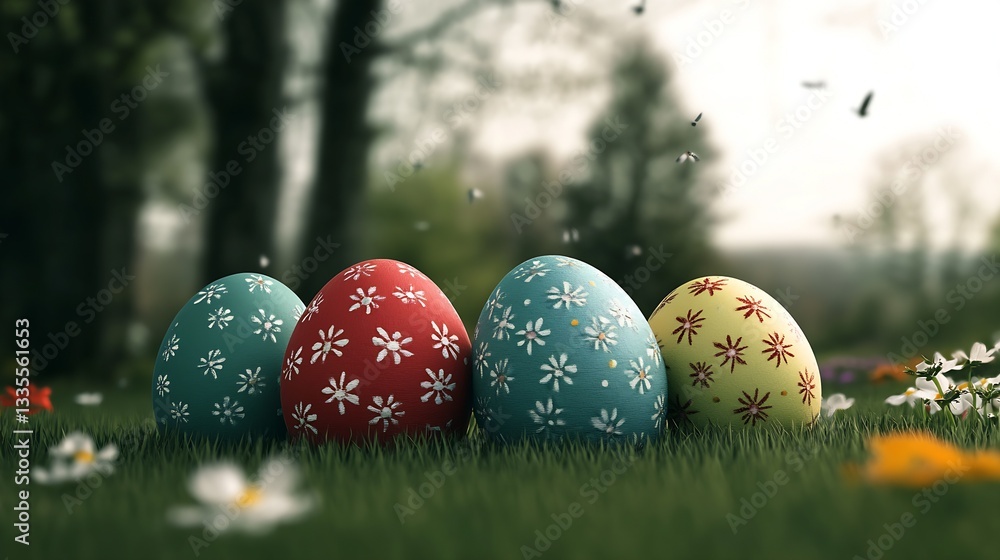 Poster Delightful array of colorful Easter eggs nestled in the lush grass inviting springtime cheer : Generative AI