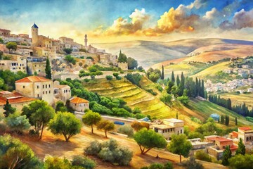 Vintage Watercolor Nazareth Landscape Clipart: Holy Land Hills & Sky