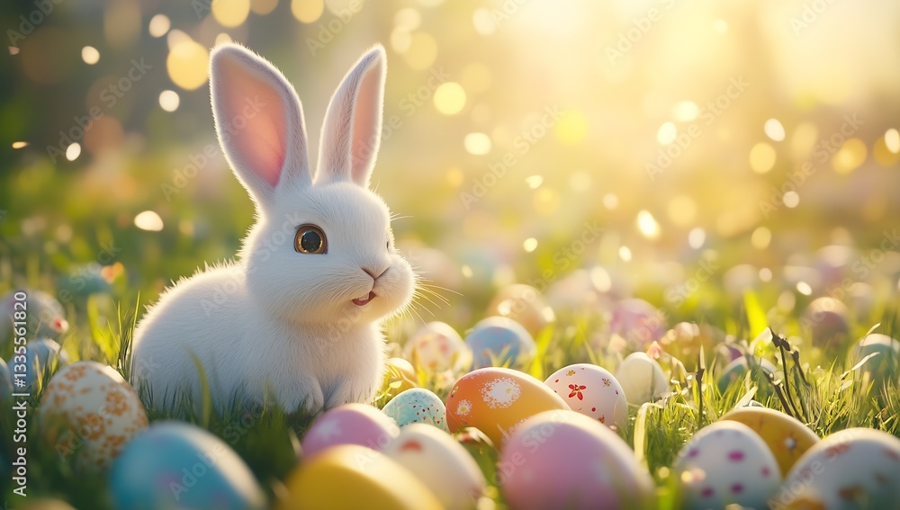 Poster lovely white bunny sitting on vibrant grass with scattered decorative easter eggs illuminated by war